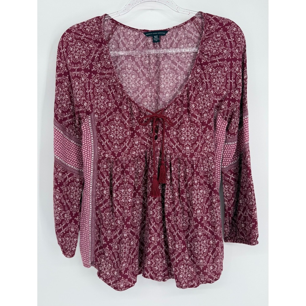 American Eagle Outfitters Burgundy Medallion Lace Up Tassel Babydoll Top Sz XS